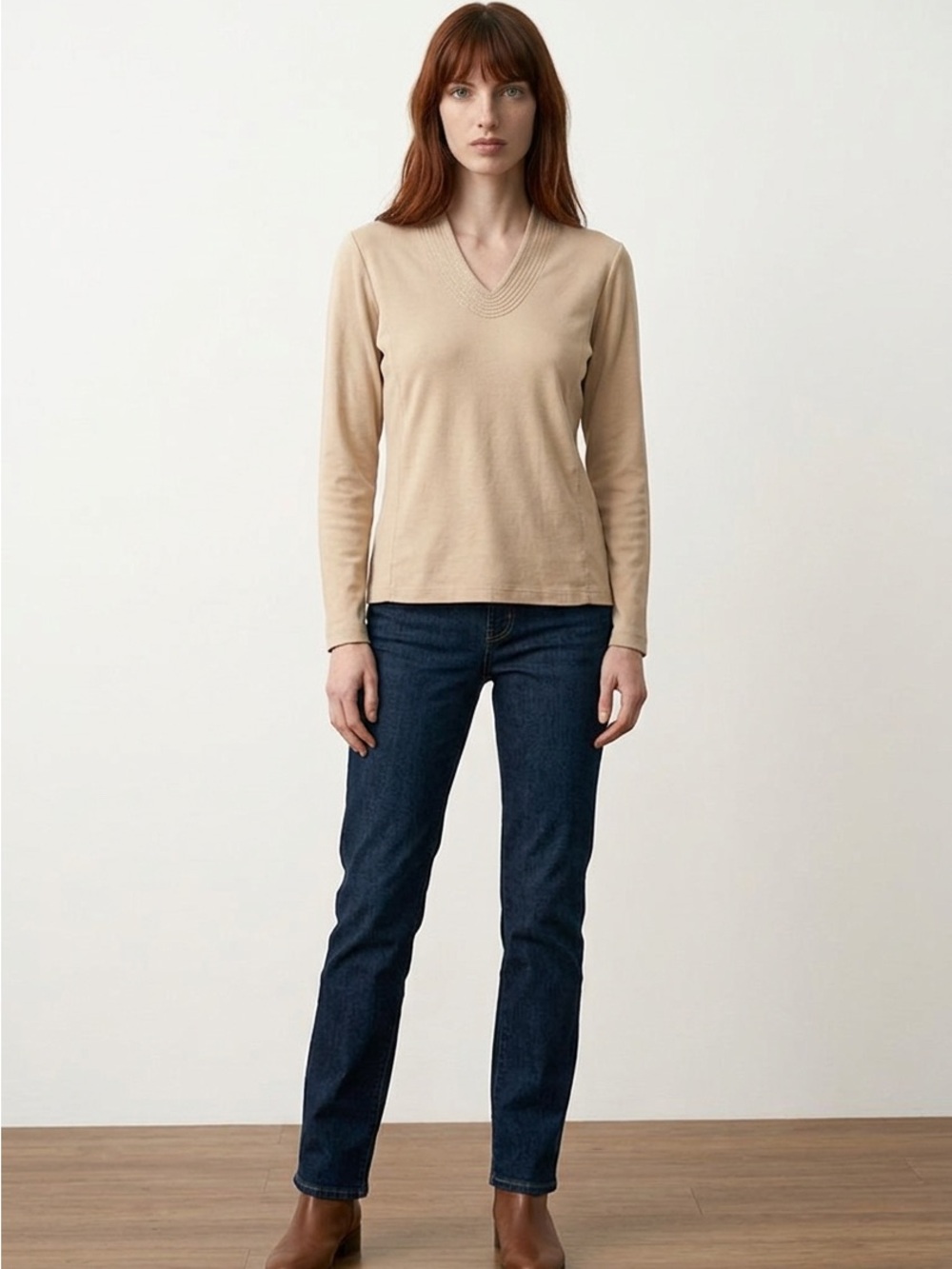 Liz Claiborne Beige V-Neck Long Sleeve Shirt